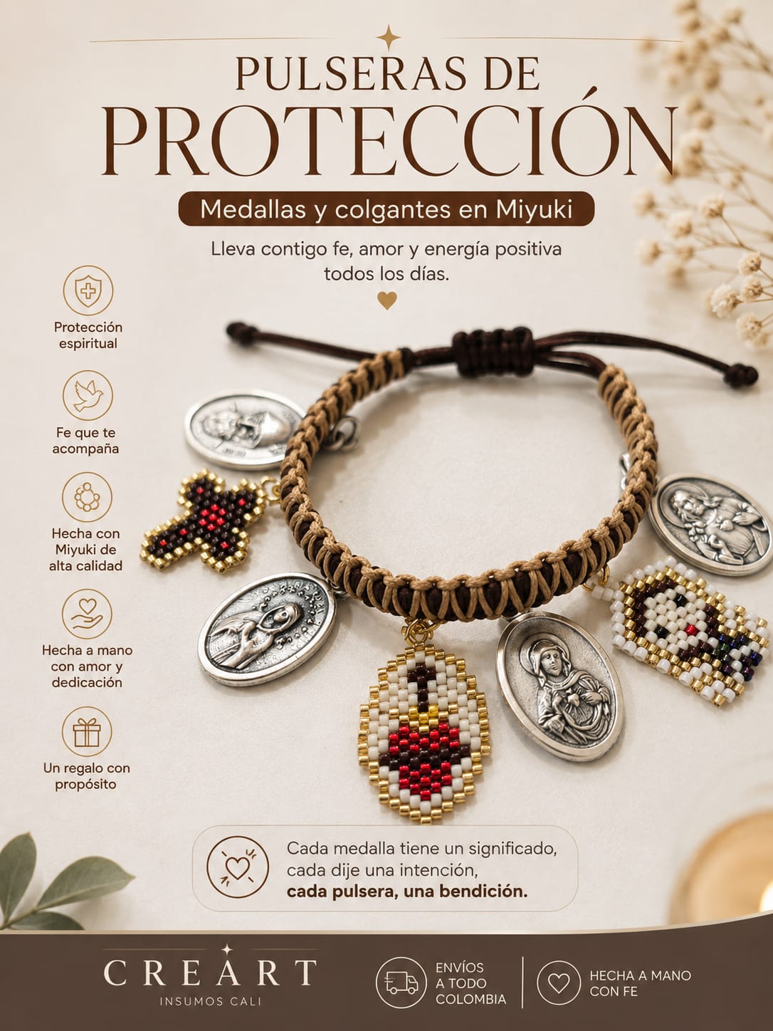 PULSERA PROTECCION DIJES MIYUKI Y MEDALLAS EN ALPACA ITALIANA