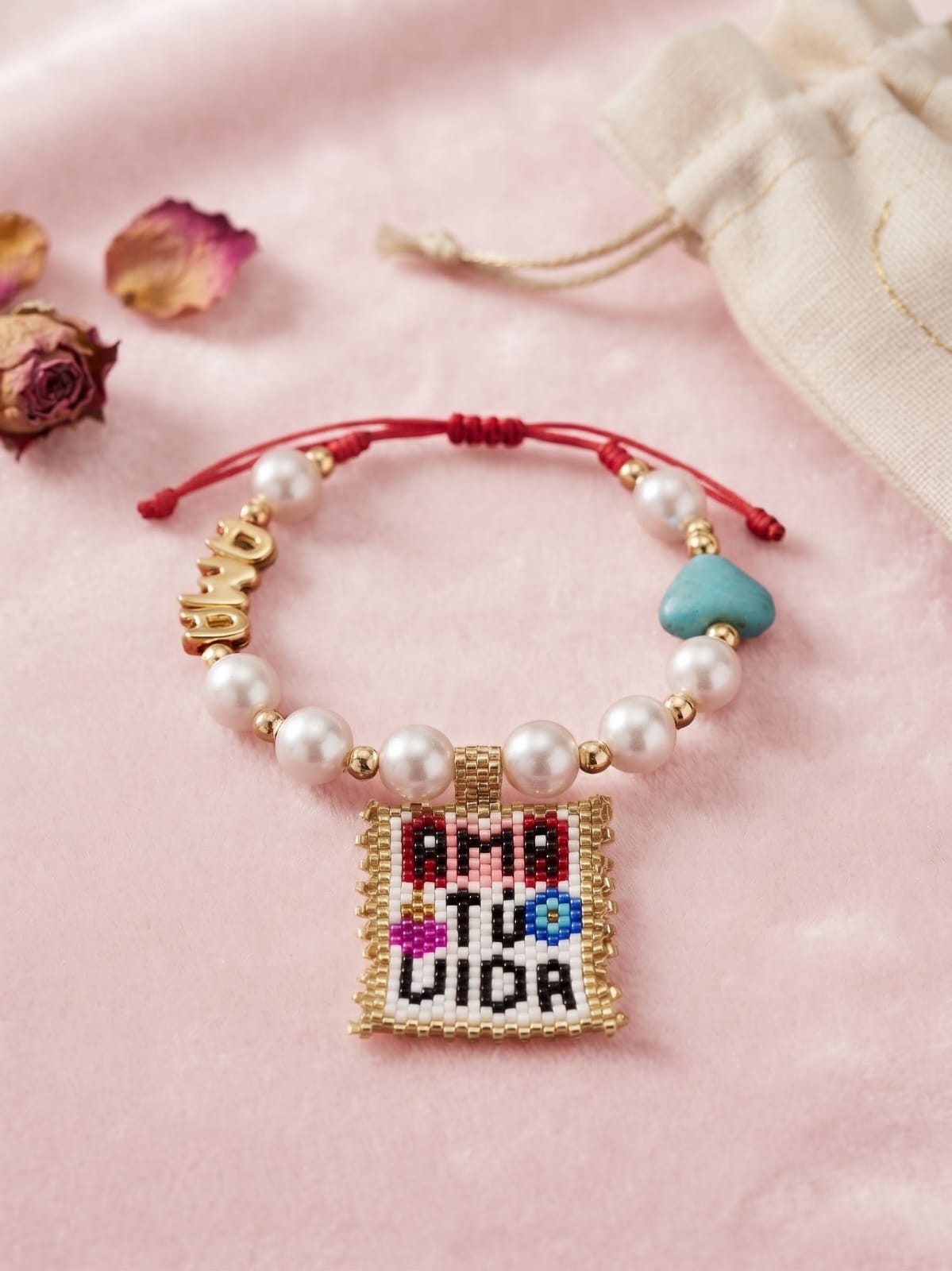 Pulsera Artesanal "Ama Tu Vida" - Perlas, Miyuki y Corazón Turquesa